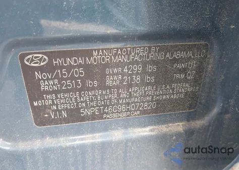 2006 Hyundai Sonata Gl from USA, damaged, VIN 5NPET46C96H072820